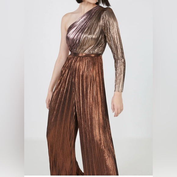 BCBGMaxAzriaMWX7D39 Metallic Pleated Jumpsuit Dresses in Copper Comb NWT